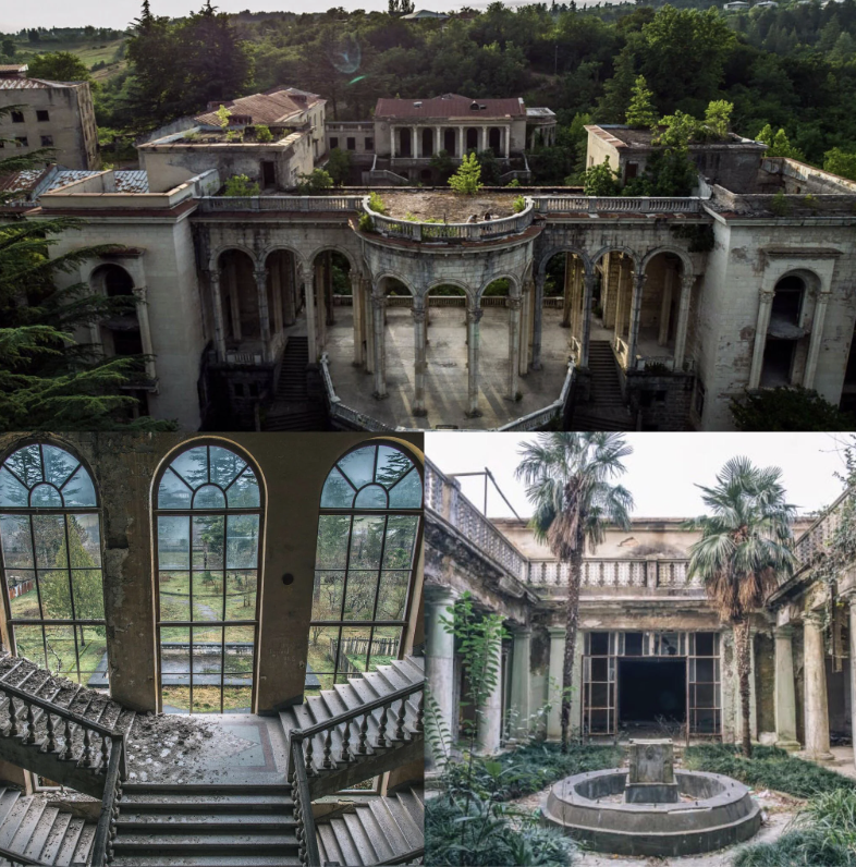 A collage shows an abandoned palace: the top image captures an aerial view of the grand structure surrounded by greenery, while the bottom images depict an ornate staircase with arched windows and a courtyard with palm trees and a central fountain.