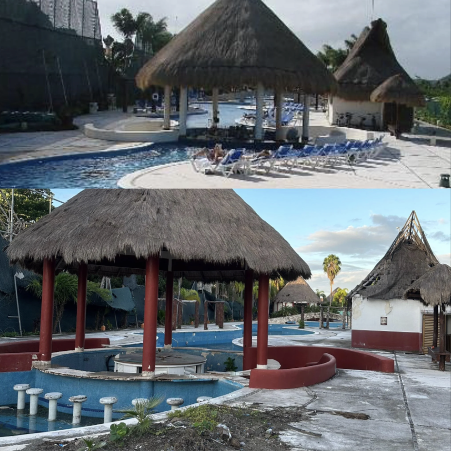 Top image: A resort pool area with a thatched-roof hut and lounge chairs. Bottom image: The same area appears abandoned and neglected, with an empty pool and overgrown vegetation.