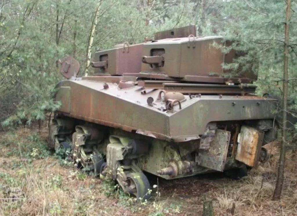 A rusted, abandoned military tank sits in a wooded area surrounded by trees and foliage. The tank's metal surface is weathered, with missing parts and overgrowth nearby, giving it an aged appearance in the natural setting.