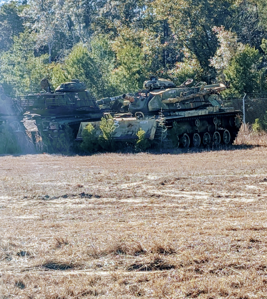 Two camouflaged tanks are positioned in a grassy area with trees in the background. The tanks are partially obscured by vegetation, and a fence is visible behind them. The scene appears to be in a natural, open field setting.