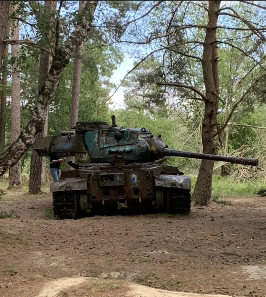 An old, weathered tank is positioned in a wooded area with tall trees surrounding it. The tank's paint is faded and rusted, and it rests on dry ground covered with scattered leaves and twigs. The background shows a mix of greenery.