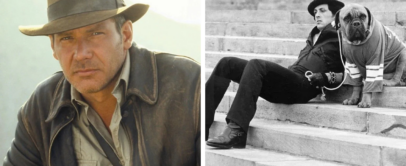 Left: A man in a fedora and leather jacket looks intently. Right: A person sitting on steps with a dog wearing a sweater, both looking in the same direction.