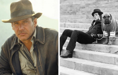 Left: A man in a fedora and leather jacket looks intently. Right: A person sitting on steps with a dog wearing a sweater, both looking in the same direction.