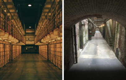 Left: A dimly lit corridor lined with prison cell doors and metal railings in an old prison. Right: A narrow brick tunnel with arched ceiling, lit by bulbs hanging from the ceiling, leading to a staircase and an open area.