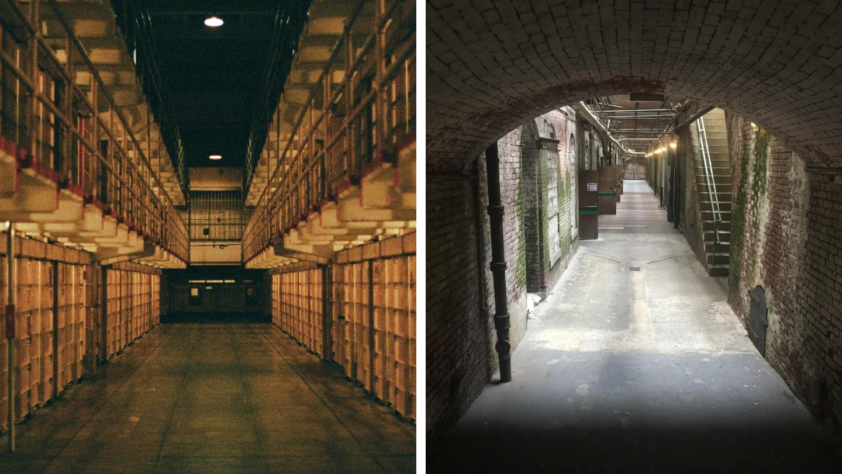 Left: A dimly lit corridor lined with prison cell doors and metal railings in an old prison. Right: A narrow brick tunnel with arched ceiling, lit by bulbs hanging from the ceiling, leading to a staircase and an open area.