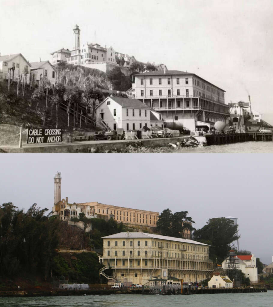 A split image comparison of Alcatraz Island shows a historic black-and-white view on top and a contemporary view below. Both images feature the island's buildings and lighthouse, highlighting changes in the landscape over time.