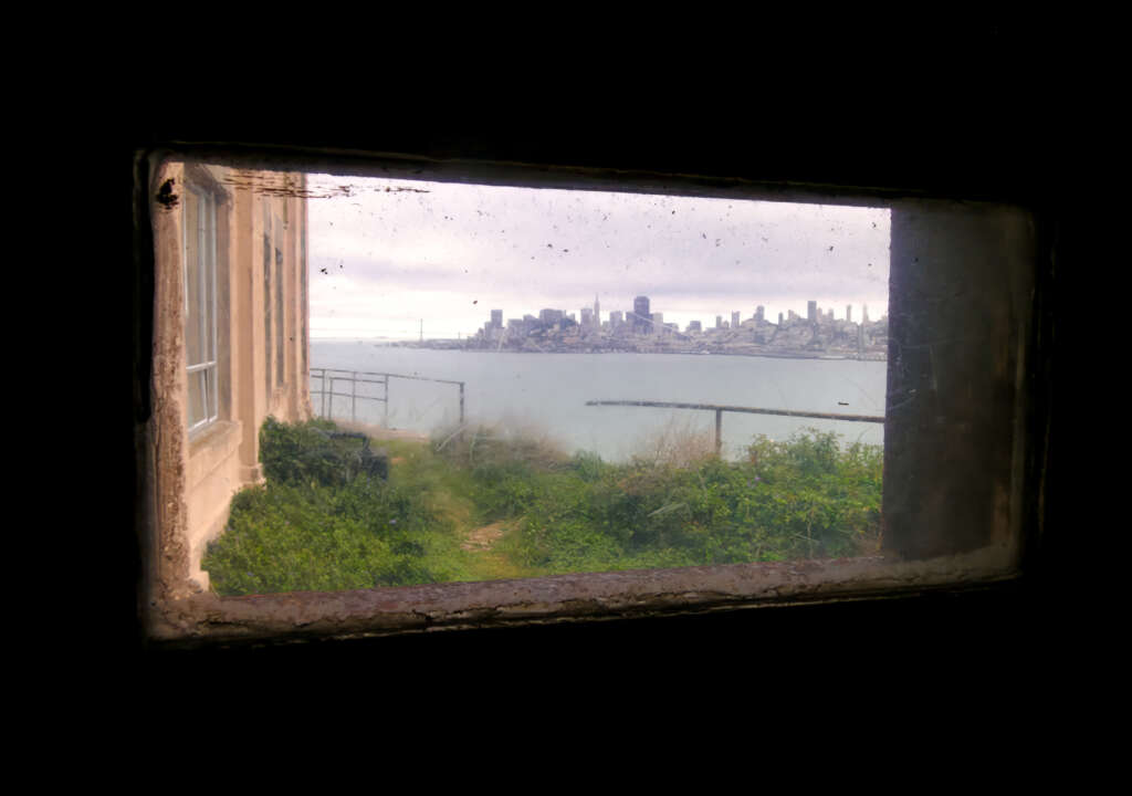 View of a city skyline across water seen through a rectangular window with overgrown greenery outside. The window is part of a weathered structure, and the sky is overcast, creating a contrast with the cityscape.