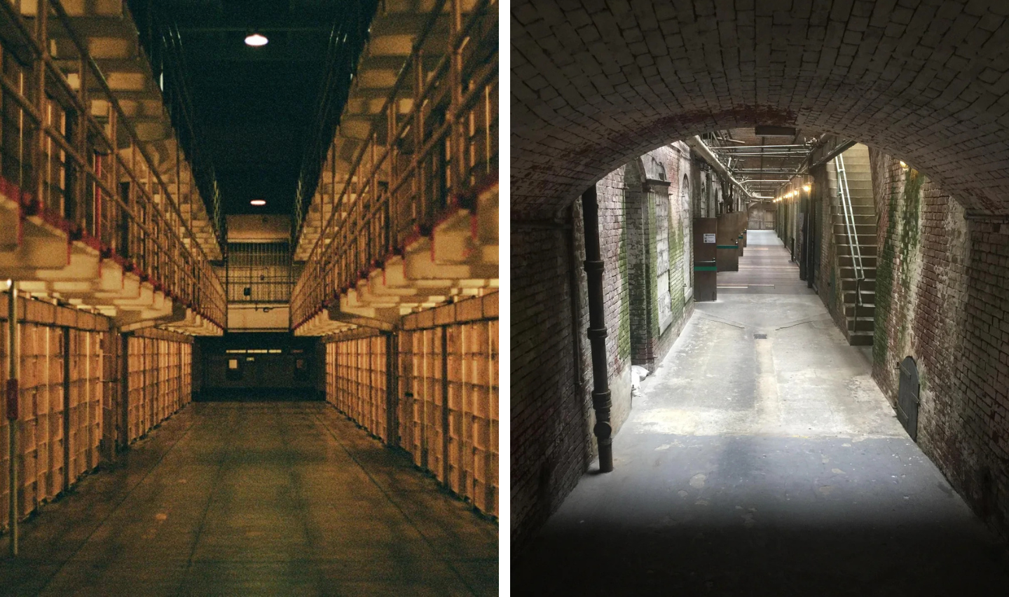 Left: A dimly lit corridor lined with prison cell doors and metal railings in an old prison. Right: A narrow brick tunnel with arched ceiling, lit by bulbs hanging from the ceiling, leading to a staircase and an open area.