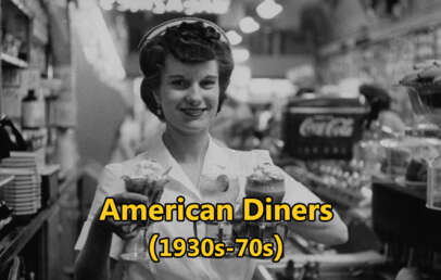 A waitress in a vintage diner holds two ice cream sundaes with whipped cream and cherries. She wears a uniform and a small hat. Behind her, a Coca-Cola dispenser is visible. Text reads "American Diners (1930s-70s)" in yellow.