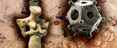 Ancient figurine and Roman dodecahedron on a vintage nautical map background, featuring ships and compass roses.