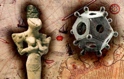 Ancient figurine and Roman dodecahedron on a vintage nautical map background, featuring ships and compass roses.