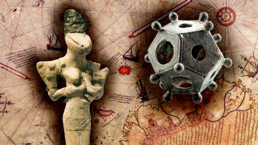 Ancient figurine and Roman dodecahedron on a vintage nautical map background, featuring ships and compass roses.