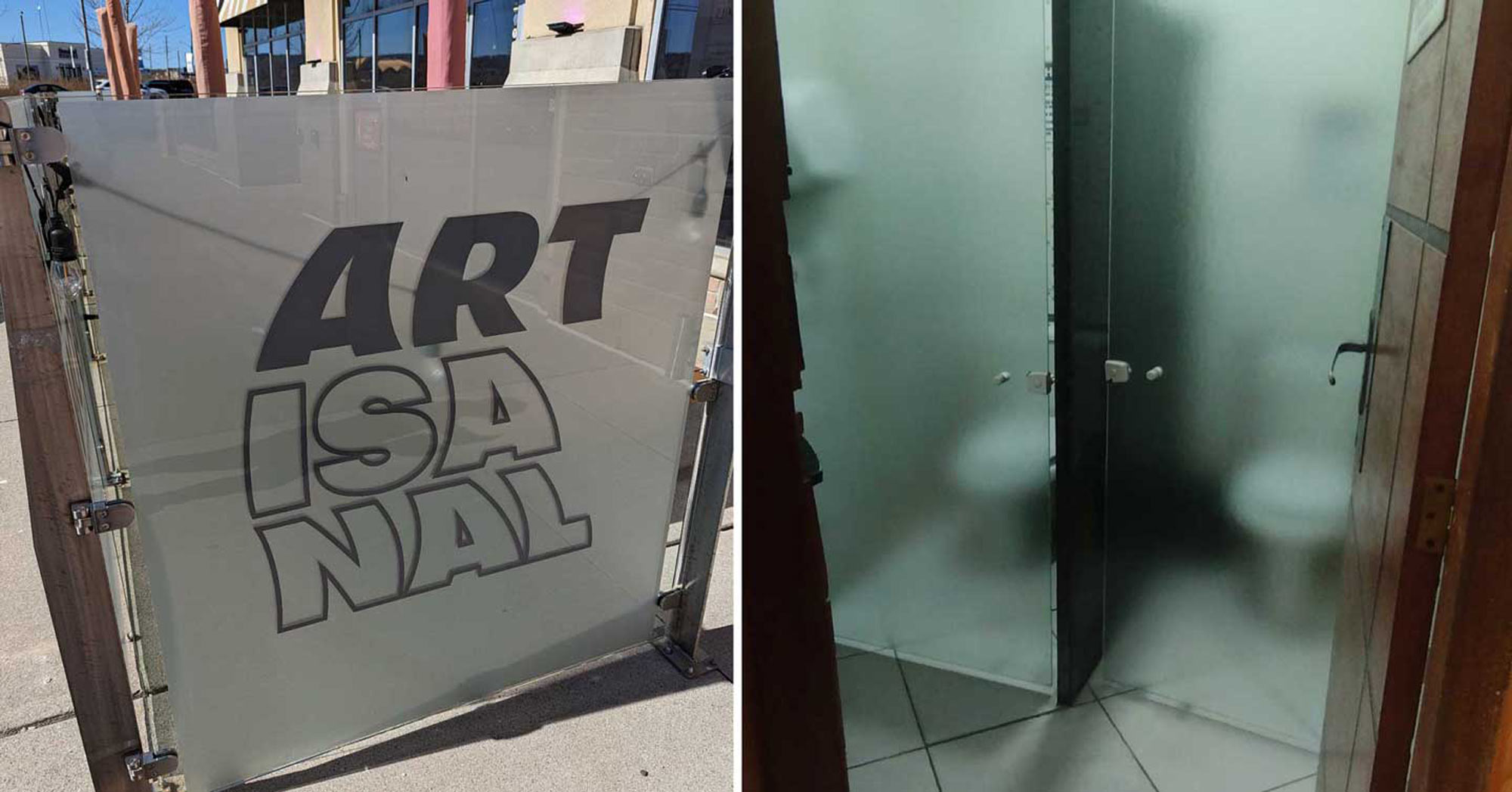 Split image: Left shows a glass gate with the bold text "ARTISANAL." Right shows a bathroom with two adjacent stalls; the frosted glass partially conceals toilets, providing minimal privacy.