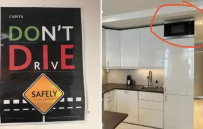 Left: A poster with the message "DON'T DIE DRiVE SAFELY" in bold letters with a yellow caution sign. Right: A modern kitchen with white cabinets, brown countertops, and a microwave placed in a cabinet above the sink, circled in red.