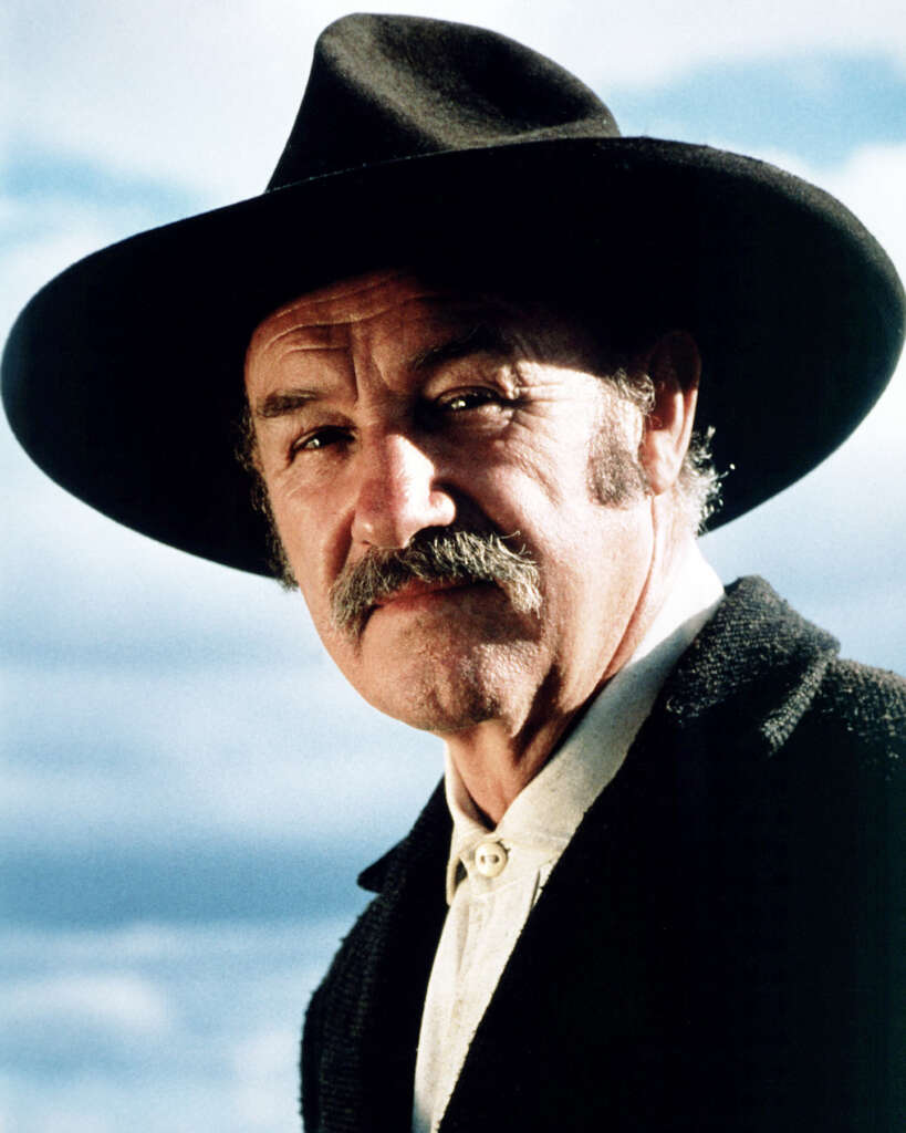 A man with a mustache wears a wide-brimmed black hat and a dark coat over a white shirt. He is gazing out against a backdrop of a clear blue sky.