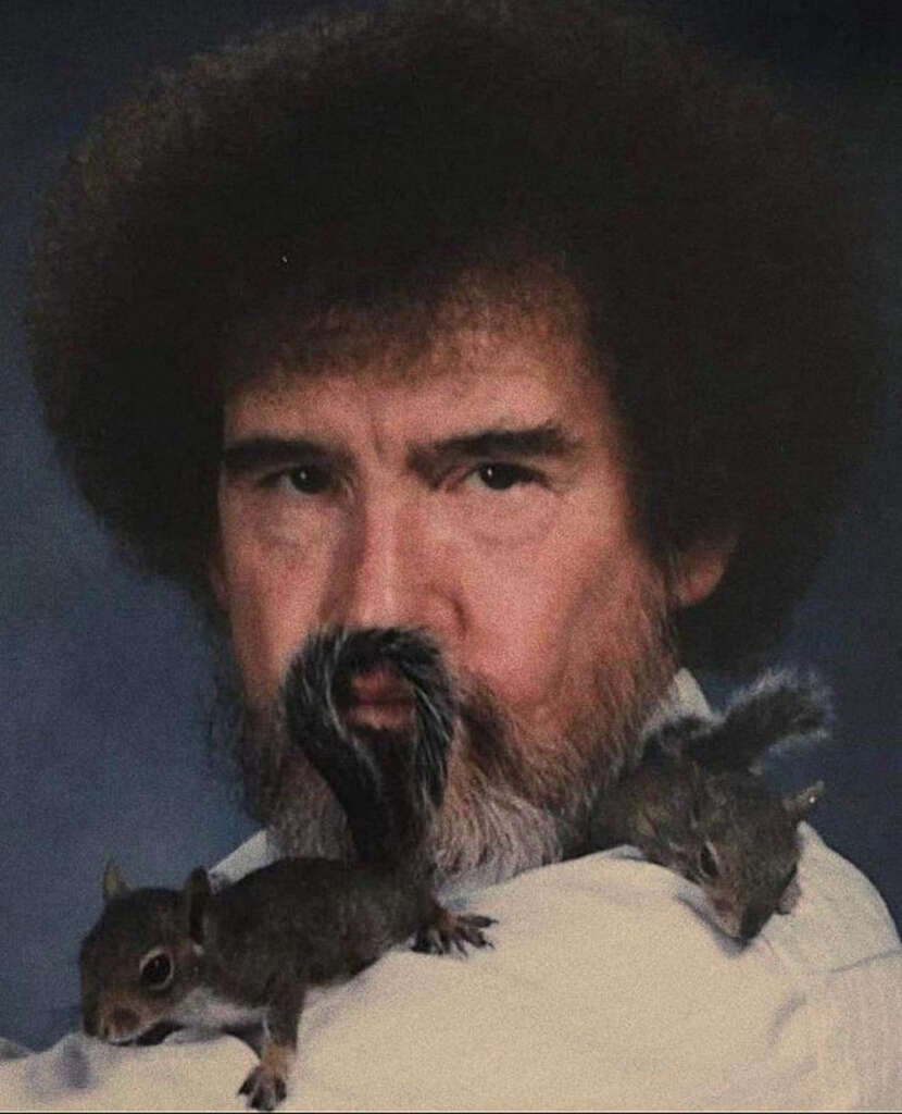 A man with an afro and beard has a squirrel's tail edited onto his upper lip like a mustache. Two real squirrels rest on his shoulders. The background is a simple dark studio backdrop.