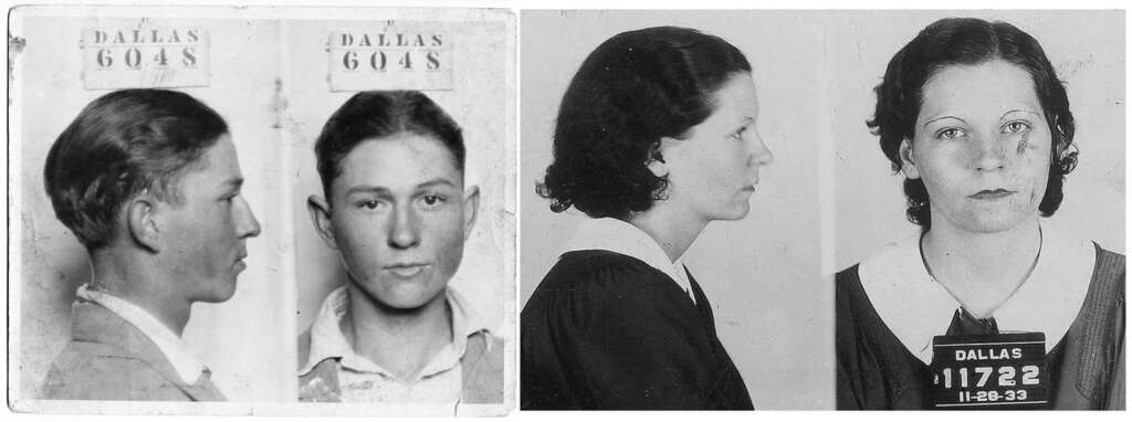 A vintage black and white image shows two mugshots. On the left, a man faces sideways and forward. On the right, a woman is pictured in profile and from the front, wearing a dark dress with a white collar. Both have identification plaques.