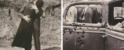 Left: A couple embraces and kisses outdoors beside a dirt embankment. Right: A bullet-riddled car door with several people blurred in the background, suggesting a historical crime scene.