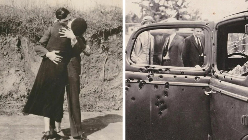 Left: A couple embraces and kisses outdoors beside a dirt embankment. Right: A bullet-riddled car door with several people blurred in the background, suggesting a historical crime scene.