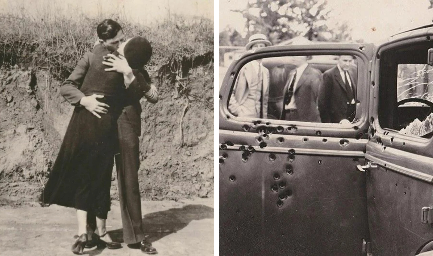 Left: A couple embraces and kisses outdoors beside a dirt embankment. Right: A bullet-riddled car door with several people blurred in the background, suggesting a historical crime scene.