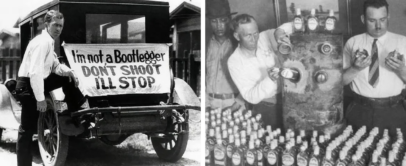 Left: A man leans against a car with a sign reading, "I'm not a bootlegger. Don't shoot, I'll stop." Right: A group of men inspect bottles next to a large container, with numerous bottles lined up on the table, likely during Prohibition.