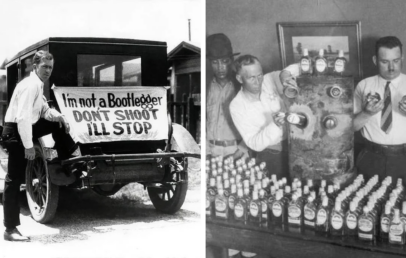 Left: A man leans against a car with a sign reading, "I'm not a bootlegger. Don't shoot, I'll stop." Right: A group of men inspect bottles next to a large container, with numerous bottles lined up on the table, likely during Prohibition.