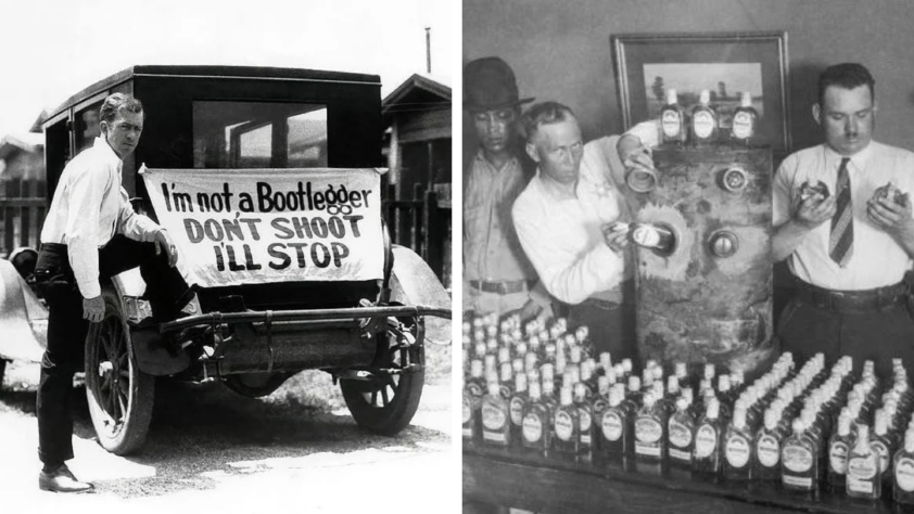 Left: A man leans against a car with a sign reading, "I'm not a bootlegger. Don't shoot, I'll stop." Right: A group of men inspect bottles next to a large container, with numerous bottles lined up on the table, likely during Prohibition.