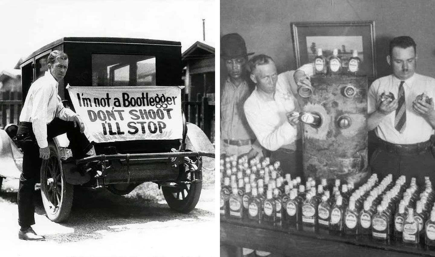 Left: A man leans against a car with a sign reading, "I'm not a bootlegger. Don't shoot, I'll stop." Right: A group of men inspect bottles next to a large container, with numerous bottles lined up on the table, likely during Prohibition.