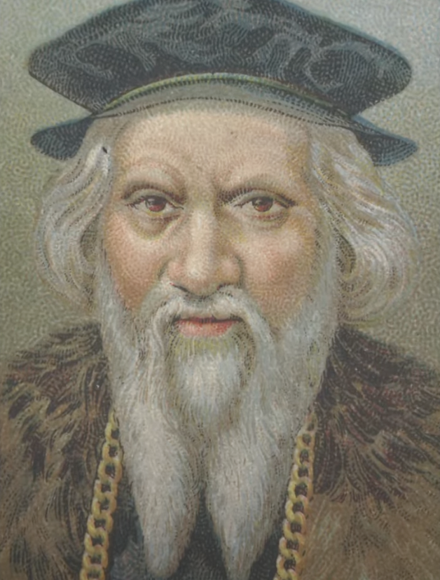 Illustration of an elderly man with a long white beard and mustache, wearing a dark hat and fur clothing. He has a gold chain around his neck. The background is a muted, soft tone.