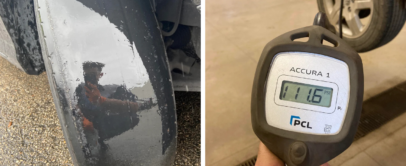 Split image: Left shows a heavily worn tire with a reflection of a person in an orange jacket. Right displays a digital gauge reading "11.16 PSI," held in a workshop setting with a tiled floor and another vehicle's tire visible in the background.