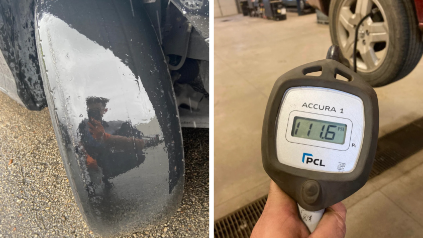 Split image: Left shows a heavily worn tire with a reflection of a person in an orange jacket. Right displays a digital gauge reading "11.16 PSI," held in a workshop setting with a tiled floor and another vehicle's tire visible in the background.