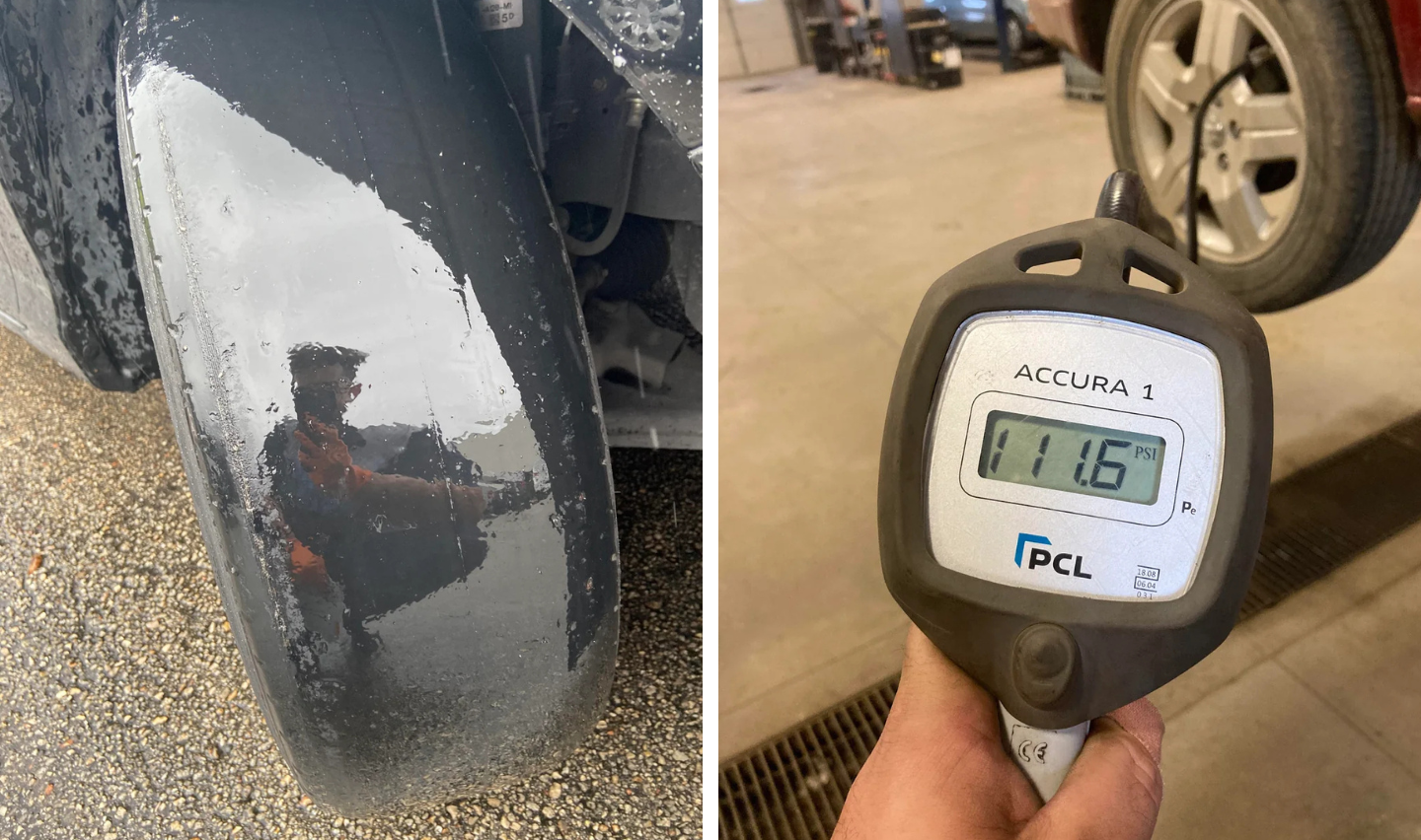 Split image: Left shows a heavily worn tire with a reflection of a person in an orange jacket. Right displays a digital gauge reading "11.16 PSI," held in a workshop setting with a tiled floor and another vehicle's tire visible in the background.