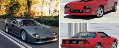 Split image: Left shows a silver sports car driving on a road with blurred trees in the background. Right shows two angles of a red sports car, front and rear, against a white garage backdrop.