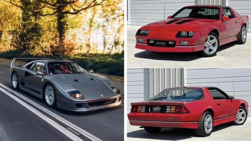 Split image: Left shows a silver sports car driving on a road with blurred trees in the background. Right shows two angles of a red sports car, front and rear, against a white garage backdrop.