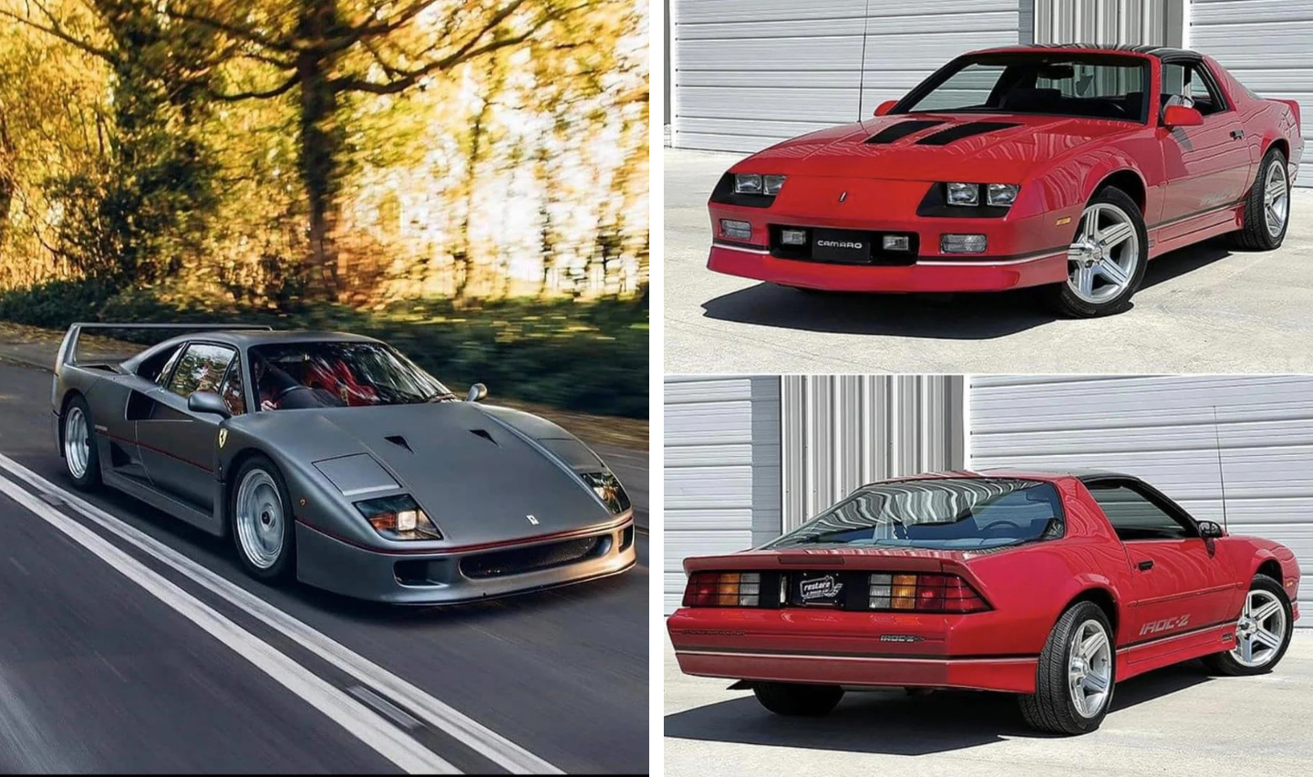 Split image: Left shows a silver sports car driving on a road with blurred trees in the background. Right shows two angles of a red sports car, front and rear, against a white garage backdrop.