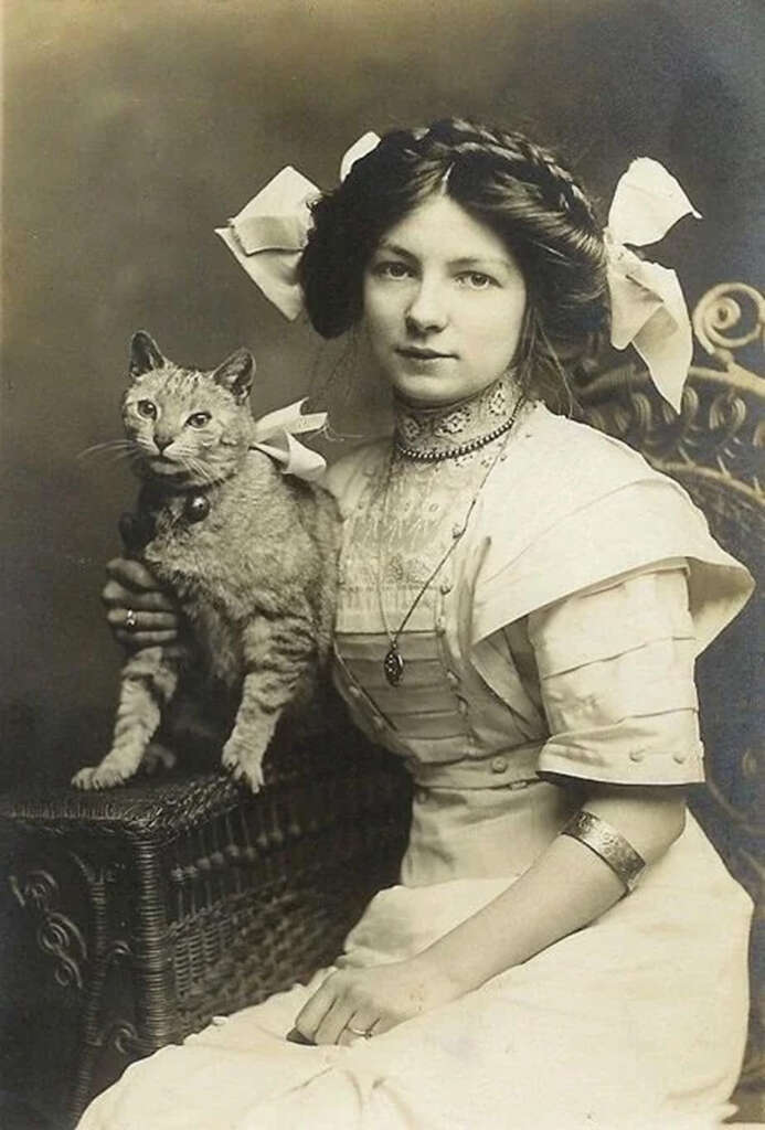 A vintage photograph of a woman in an elegant white dress with large bows in her hair, sitting next to a wicker chair. She holds a cat on the chair's armrest. The woman gazes at the camera with a calm expression.