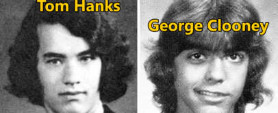 A black and white split image featuring two young men with long hair. The left side is labeled "Tom Hanks" and the right side "George Clooney." Both are wearing suits, and the photo has a retro style typical of yearbook portraits.