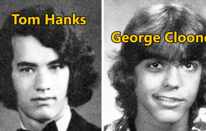 A black and white split image featuring two young men with long hair. The left side is labeled "Tom Hanks" and the right side "George Clooney." Both are wearing suits, and the photo has a retro style typical of yearbook portraits.