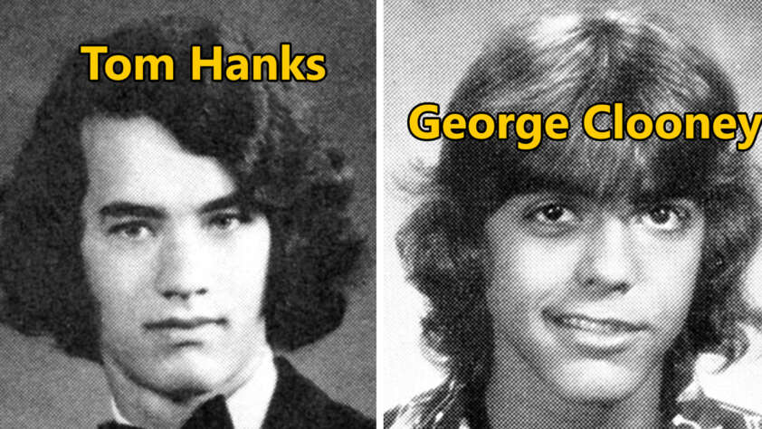 A black and white split image featuring two young men with long hair. The left side is labeled "Tom Hanks" and the right side "George Clooney." Both are wearing suits, and the photo has a retro style typical of yearbook portraits.