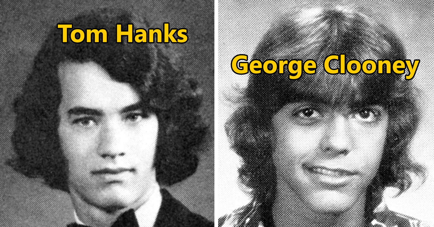 A black and white split image featuring two young men with long hair. The left side is labeled "Tom Hanks" and the right side "George Clooney." Both are wearing suits, and the photo has a retro style typical of yearbook portraits.