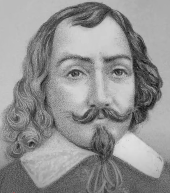 Black and white drawing of a man with wavy hair, a goatee, and a mustache. He wears a collared garment and looks slightly to the side. The image has a historical portrait style.