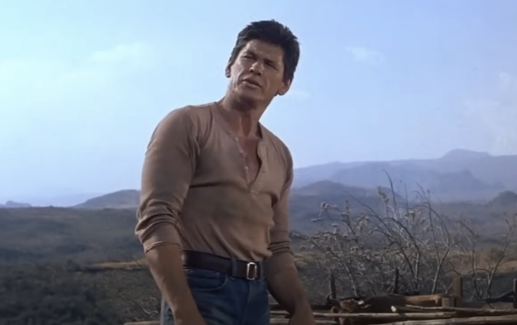 A person stands outdoors against a mountainous landscape. They have short, dark hair and are wearing a light brown, long-sleeved shirt and blue jeans. Sparse vegetation and wooden objects are visible in the background.