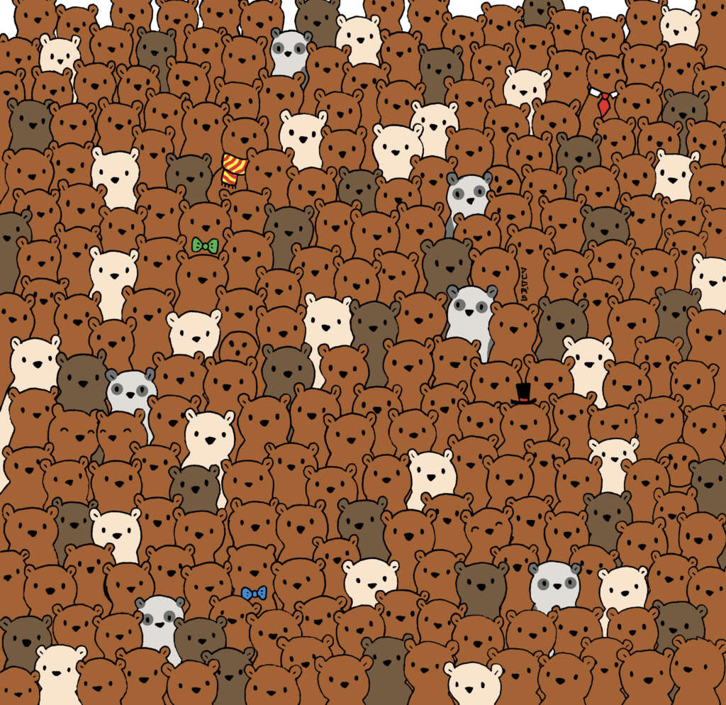 A crowded illustration of numerous cartoon bears of different shades of brown and white, featuring small unique details like bows and accessories. The bears are densely packed, facing forward, creating a playful and busy scene.