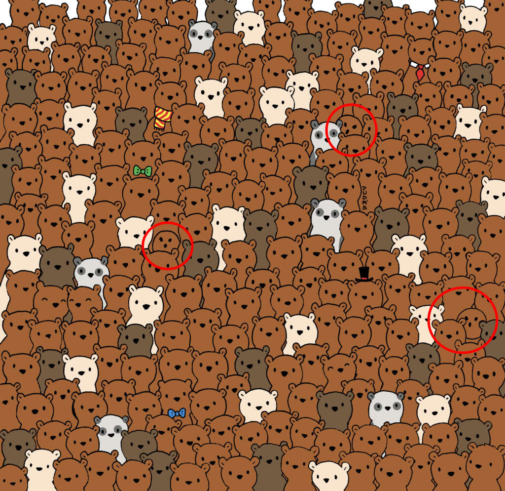 A large group of cartoon bear faces fills the image. Among them, three pandas are circled in red, standing out with their distinct black and white markings. Some bears wear accessories like bows and ties. The background is densely packed with bears.