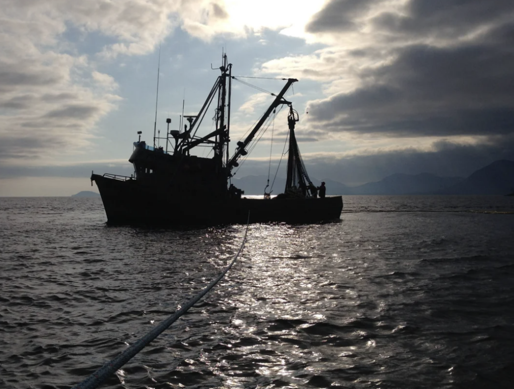 Silhouetted fishing boat on the ocean at sunset with a net trailing in the water. The sky is partly cloudy, and the sun creates a bright reflection on the water’s surface. Hills are visible in the distance.