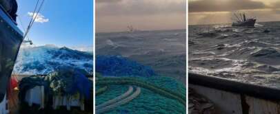 Three-panel image of a fishing boat scene at sea. The left shows waves crashing against the boat's deck piled with nets. The center captures another vessel in stormy waters. The right depicts a boat on the horizon beneath a cloudy sky with peeking sunlight.