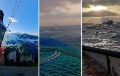 Three-panel image of a fishing boat scene at sea. The left shows waves crashing against the boat's deck piled with nets. The center captures another vessel in stormy waters. The right depicts a boat on the horizon beneath a cloudy sky with peeking sunlight.