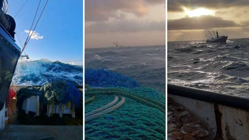 Three-panel image of a fishing boat scene at sea. The left shows waves crashing against the boat's deck piled with nets. The center captures another vessel in stormy waters. The right depicts a boat on the horizon beneath a cloudy sky with peeking sunlight.