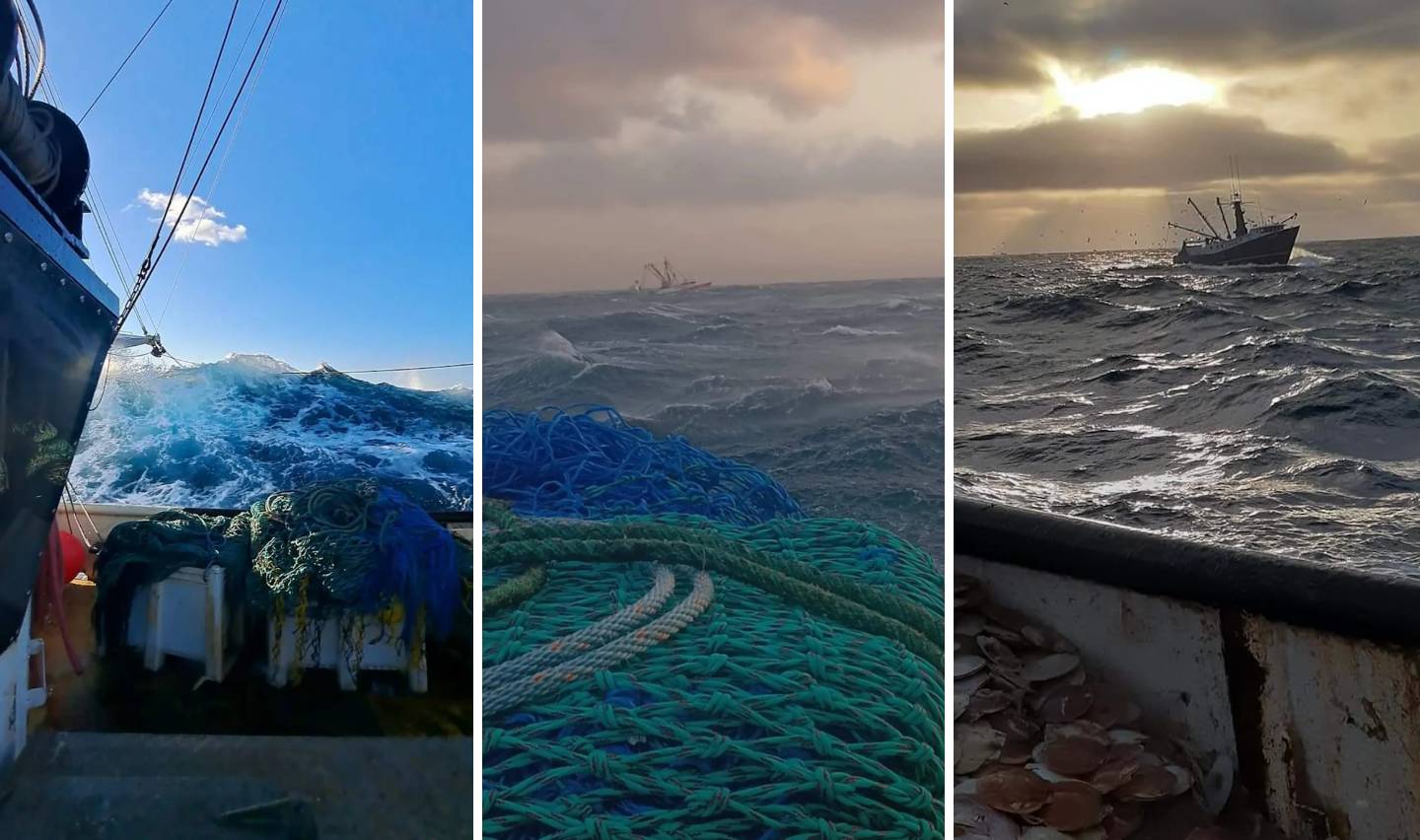 Three-panel image of a fishing boat scene at sea. The left shows waves crashing against the boat's deck piled with nets. The center captures another vessel in stormy waters. The right depicts a boat on the horizon beneath a cloudy sky with peeking sunlight.