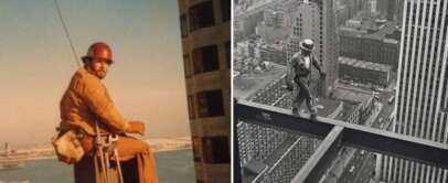 Left: A construction worker in a red helmet sits on a steel beam high above a cityscape with water in the background. Right: Another worker balances on a steel beam, overlooking a busy city street below. Both scenes showcase high-rise construction work.